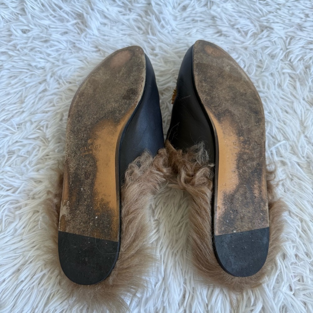 Gucci Princetown Black Leather Mules with Fur and Roaring Tiger Size 38 - Picture 8 of 12